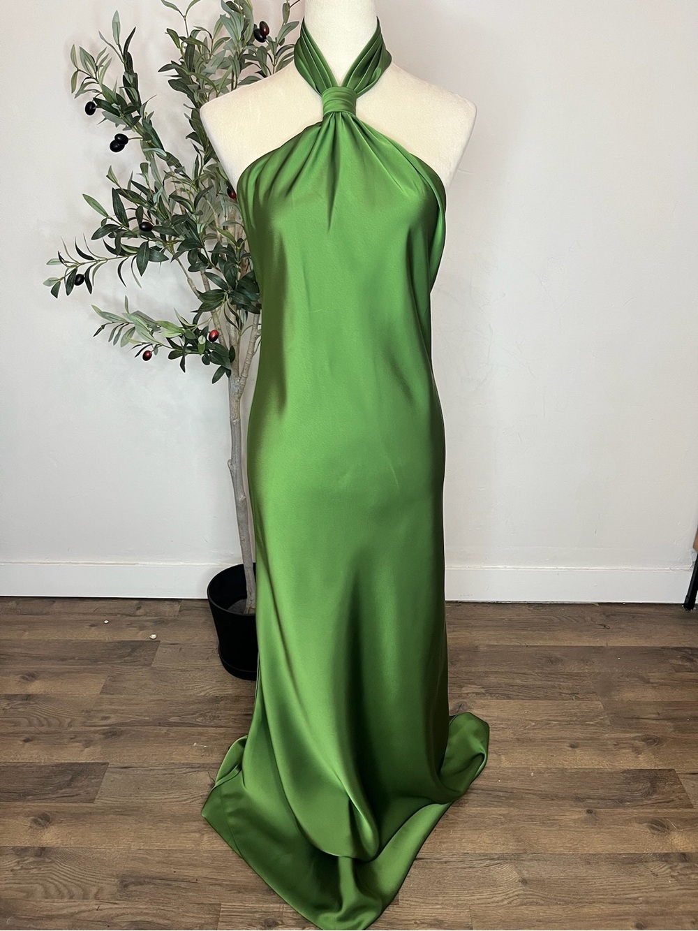 Betsy & Adam Olive Green Satin Halter Maxi Dress